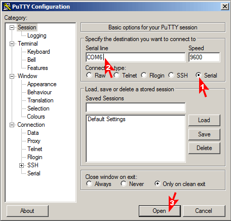 configure putty for executing AT-commands on a serial port