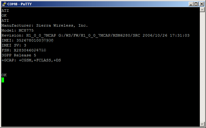 PuTTY output after AT-command ATI